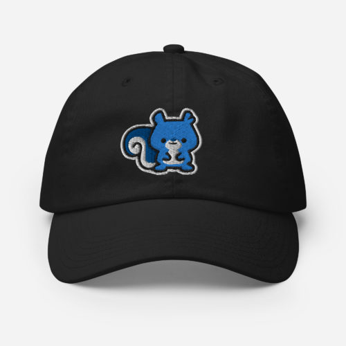 Black Champion brand baseball hat with a cute blue embroidered squirrel