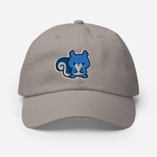 Grey Champion brand baseball hat with a cute blue embroidered squirrel