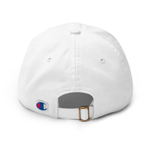 a white Champion brand baseball hat with a cute blue embroidered squirrel