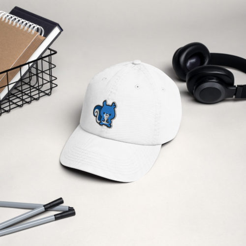 a white Champion brand baseball hat with a cute blue embroidered squirrel