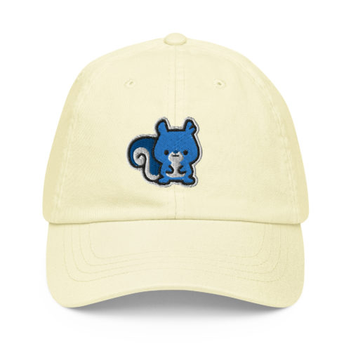 Lemon Yellow pastel baseball hat with a cute blue embroidered squirrel