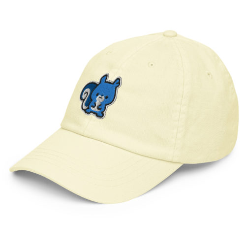 Lemon Yellow pastel baseball hat with a cute blue embroidered squirrel