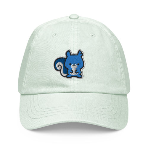 Mint green pastel baseball hat with a cute blue embroidered squirrel