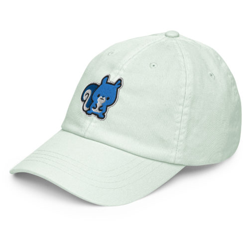 Mint green pastel baseball hat with a cute blue embroidered squirrel