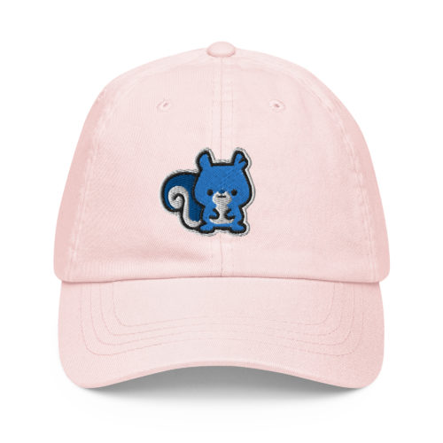 Pink pastel baseball hat with a cute blue embroidered squirrel