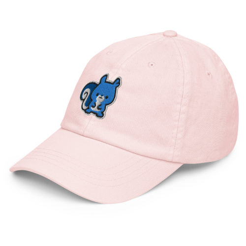 Pink pastel baseball hat with a cute blue embroidered squirrel