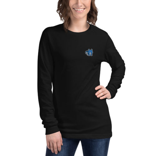 a woman wearing a black long sleeve shirt with a cute blue squirrel embroidery