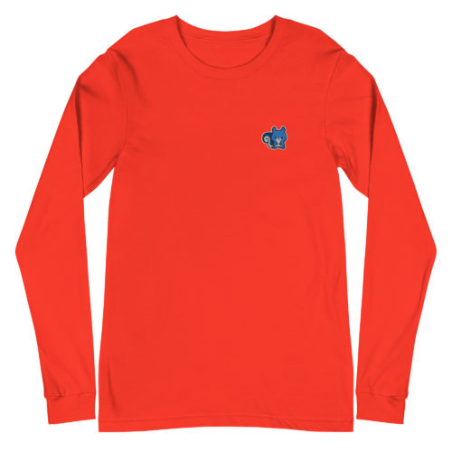 red long sleeve shirt with a cute blue squirrel embroidery