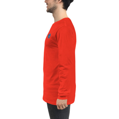A guy wearing a red long sleeve shirt with a cute blue squirrel embroidery