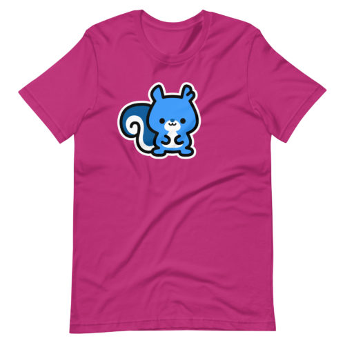 a berry colored t-shirt with a cute blue Ma Squirrel logo. Designed by Kenny Velez.