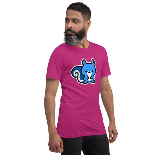 a guy wearing a berry colored t-shirt with a cute blue Ma Squirrel logo. Designed by Kenny Velez.