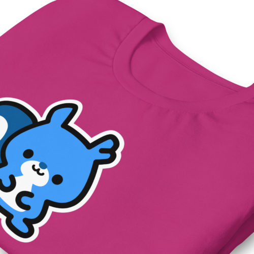 a berry colored t-shirt with a cute blue Ma Squirrel logo. Designed by Kenny Velez.
