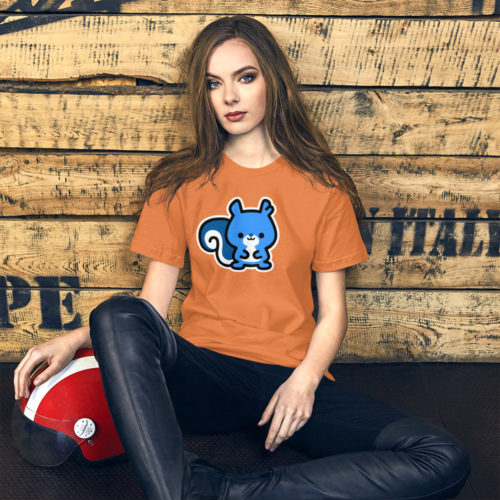 a woman wearing an orange t-shirt with a cute blue Ma Squirrel logo. Designed by Kenny Velez.