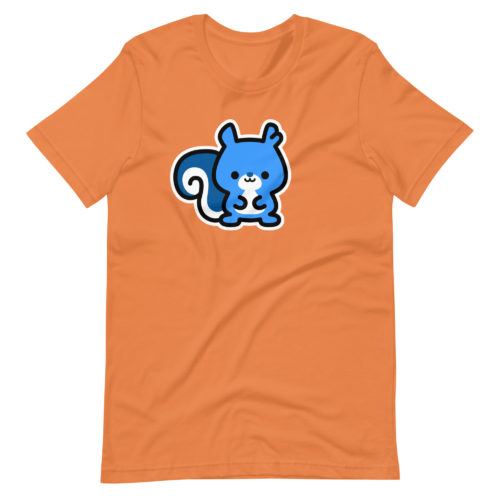 an orange colored t-shirt with a cute blue Ma Squirrel logo. Designed by Kenny Velez.