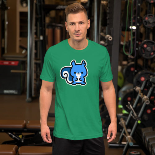 a guy wearing a green t-shirt with a cute blue Ma Squirrel logo. Designed by Kenny Velez.