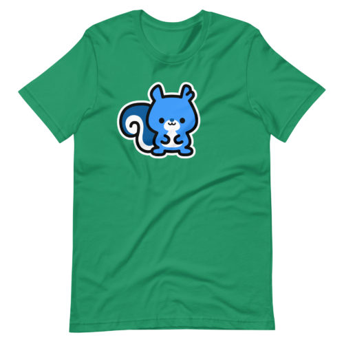 a green t-shirt with a cute blue Ma Squirrel logo. Designed by Kenny Velez.