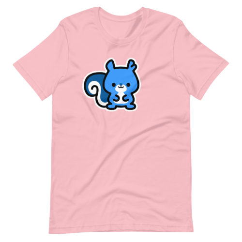 an pink colored t-shirt with a cute blue Ma Squirrel logo. Designed by Kenny Velez.