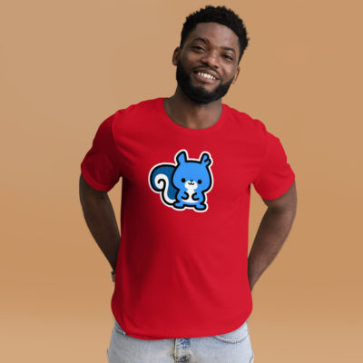 a man wearing a red t-shirt with a cute blue Ma Squirrel logo. Designed by Kenny Velez.
