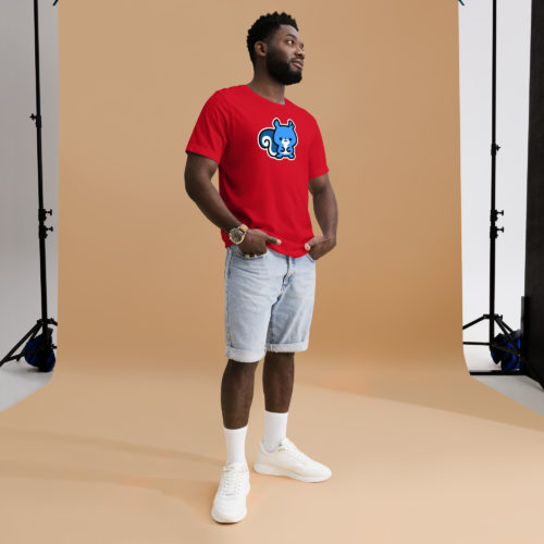 a man wearing a red t-shirt with a cute blue Ma Squirrel logo. Designed by Kenny Velez.