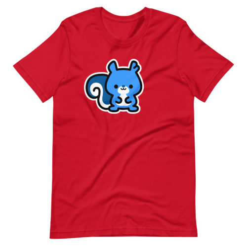 a red t-shirt with a cute blue Ma Squirrel logo. Designed by Kenny Velez.