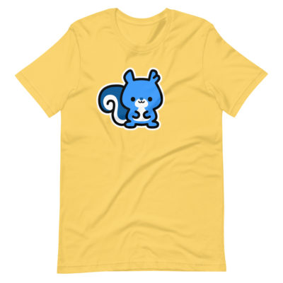 A yellow t-shirt with a cute blue Ma Squirrel logo. Designed by Kenny Velez.