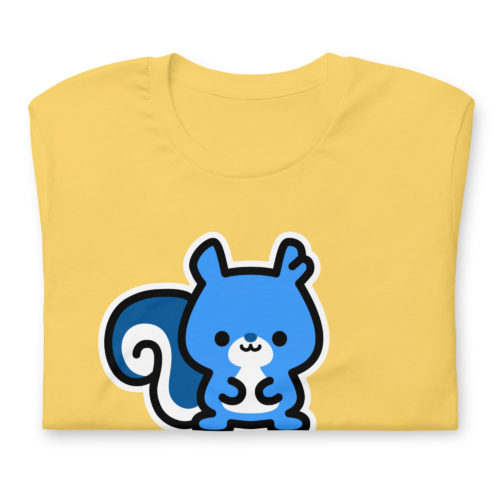 A yellow t-shirt with a cute blue Ma Squirrel logo. Designed by Kenny Velez.