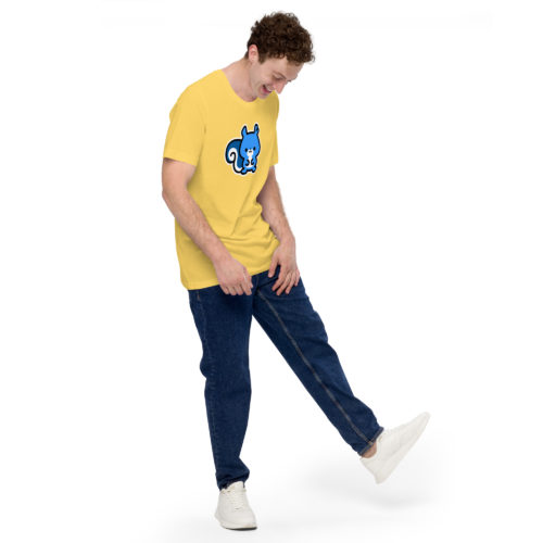 a guy wearing a yellow t-shirt with a cute blue Ma Squirrel logo. Designed by Kenny Velez.