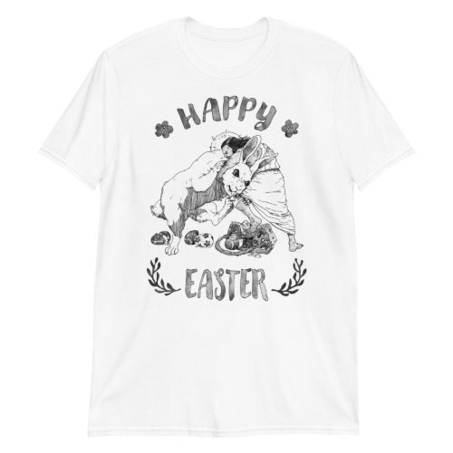 White Shirt saying with Jesus fighting the Easter Bunny. Says Happy Easter