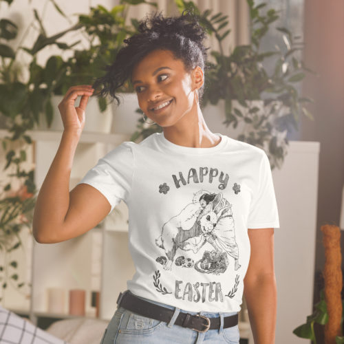 A girl wearing a White Shirt saying with Jesus fighting the Easter Bunny. Says Happy Easter