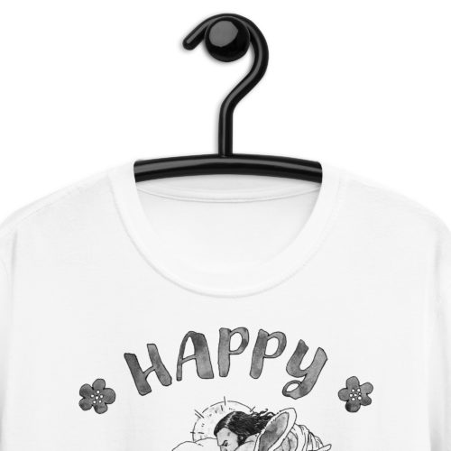 The neck portion of a White Shirt saying with Jesus fighting the Easter Bunny. Says Happy Easter