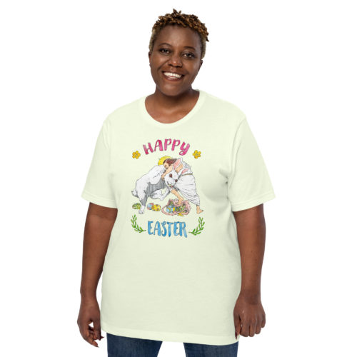 a woman wearing a citron colored Shirt saying with Jesus fighting the Easter Bunny. Says Happy Easter