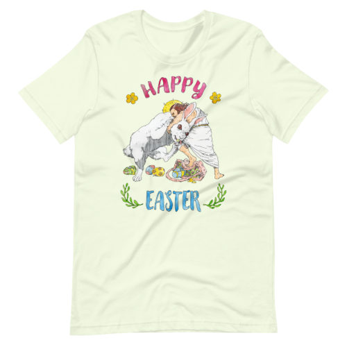 a citron colored Shirt saying with Jesus fighting the Easter Bunny. Says Happy Easter