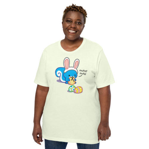 a girl wearing a citron shirt with Ma Squirrel wearing fake bunny ears tying to eat an easter egg