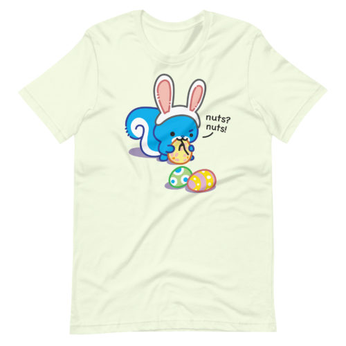 citron shirt with Ma Squirrel wearing fake bunny ears tying to eat an easter egg