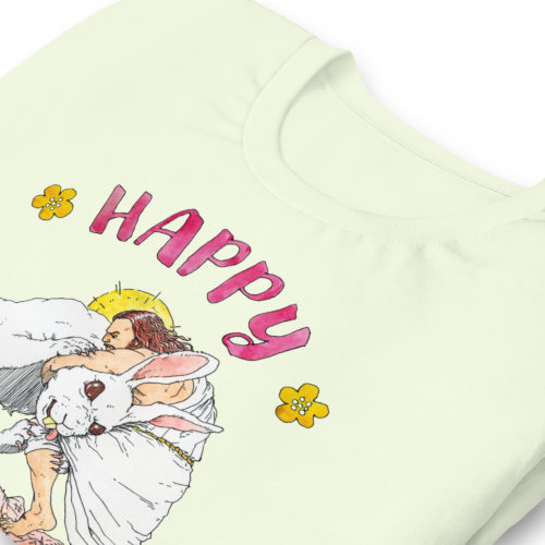 a citron colored Shirt saying with Jesus fighting the Easter Bunny. Says Happy Easter