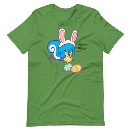 green shirt with Ma Squirrel wearing fake bunny ears tying to eat an easter egg