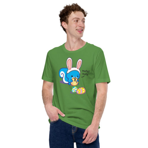 a guy wearing a green shirt with Ma Squirrel wearing fake bunny ears tying to eat an easter egg