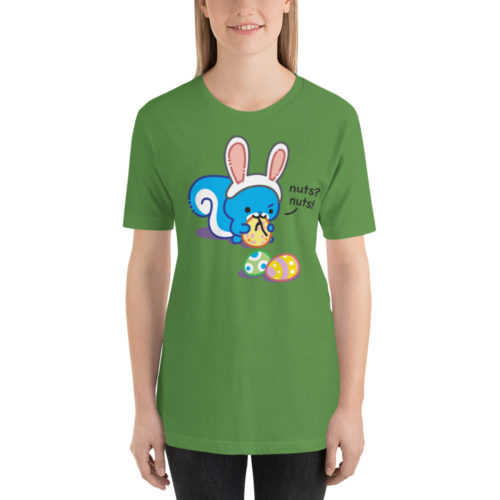 a girl wearing a green shirt with Ma Squirrel wearing fake bunny ears tying to eat an easter egg