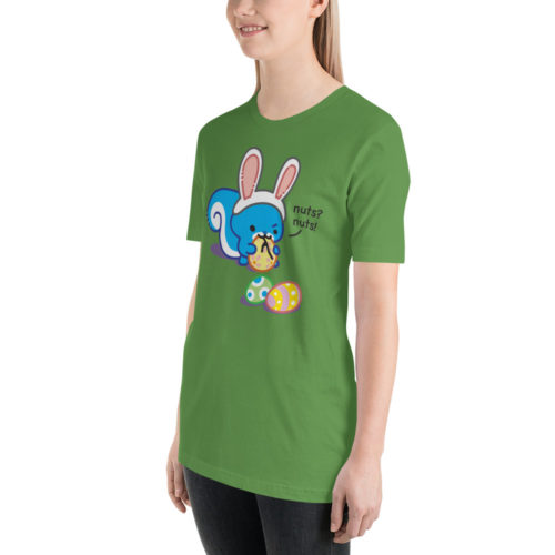 a girl wearing a green shirt with Ma Squirrel wearing fake bunny ears tying to eat an easter egg