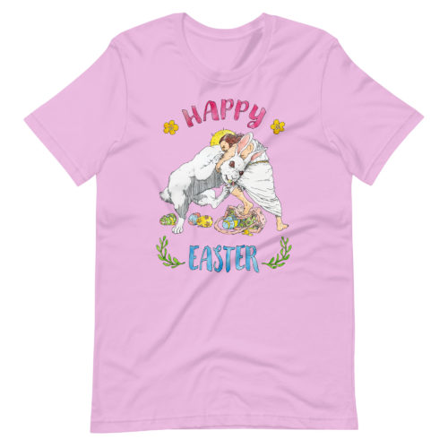 a lilac colored Shirt saying with Jesus fighting the Easter Bunny. Says Happy Easter