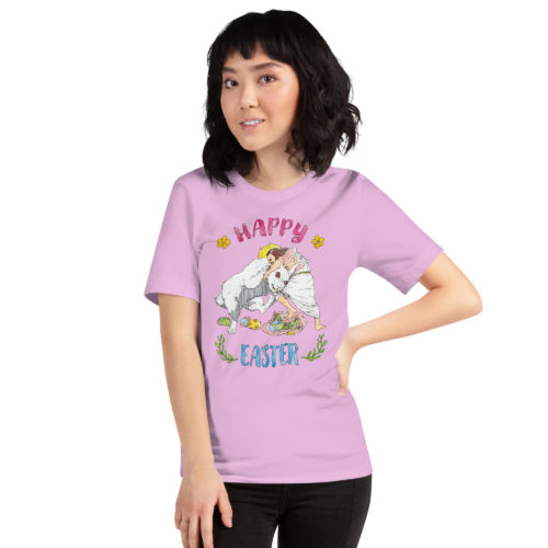 a girl wearing a lilac colored Shirt saying with Jesus fighting the Easter Bunny. Says Happy Easter