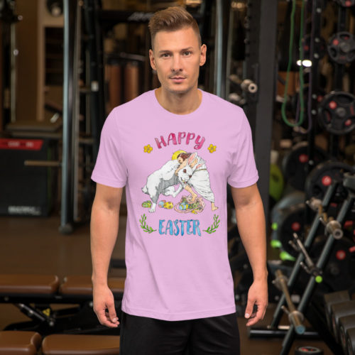 a guy wearing a lilac colored Shirt saying with Jesus fighting the Easter Bunny. Says Happy Easter