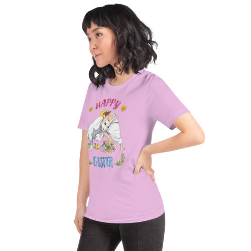 a girl wearing a lilac colored Shirt saying with Jesus fighting the Easter Bunny. Says Happy Easter