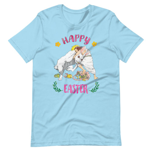 a blue Shirt saying with Jesus fighting the Easter Bunny. Says Happy Easter