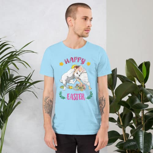 a guy wearing a blue Shirt saying with Jesus fighting the Easter Bunny. Says Happy Easter