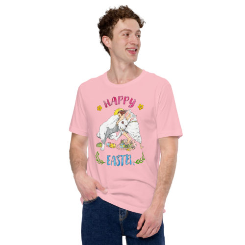 a guy wearing a pink Shirt saying with Jesus fighting the Easter Bunny. Says Happy Easter