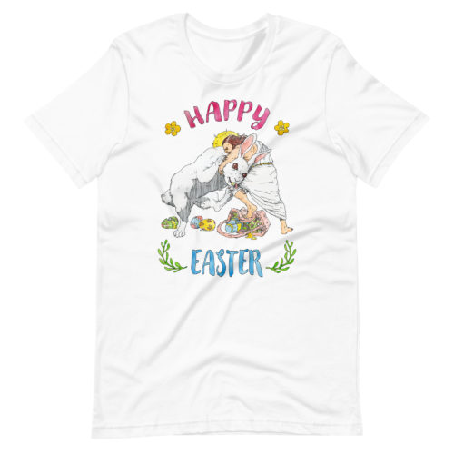 white Shirt saying with Jesus fighting the Easter Bunny. Says Happy Easter