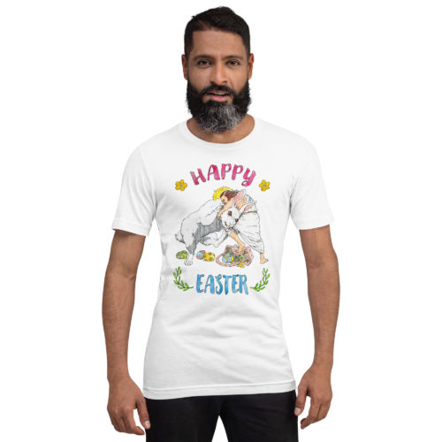 a guy wearing a white Shirt saying with Jesus fighting the Easter Bunny. Says Happy Easter