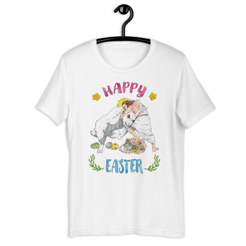 white Shirt saying with Jesus fighting the Easter Bunny. Says Happy Easter