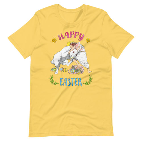 yellow Shirt saying with Jesus fighting the Easter Bunny. Says Happy Easter